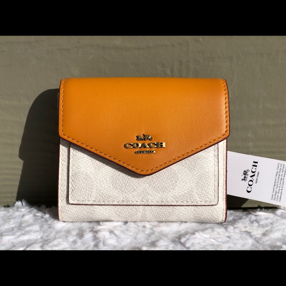NEW Coach Small Trifold Wallet Colorblock Signature Canvas, Brass/Chalk Pollen